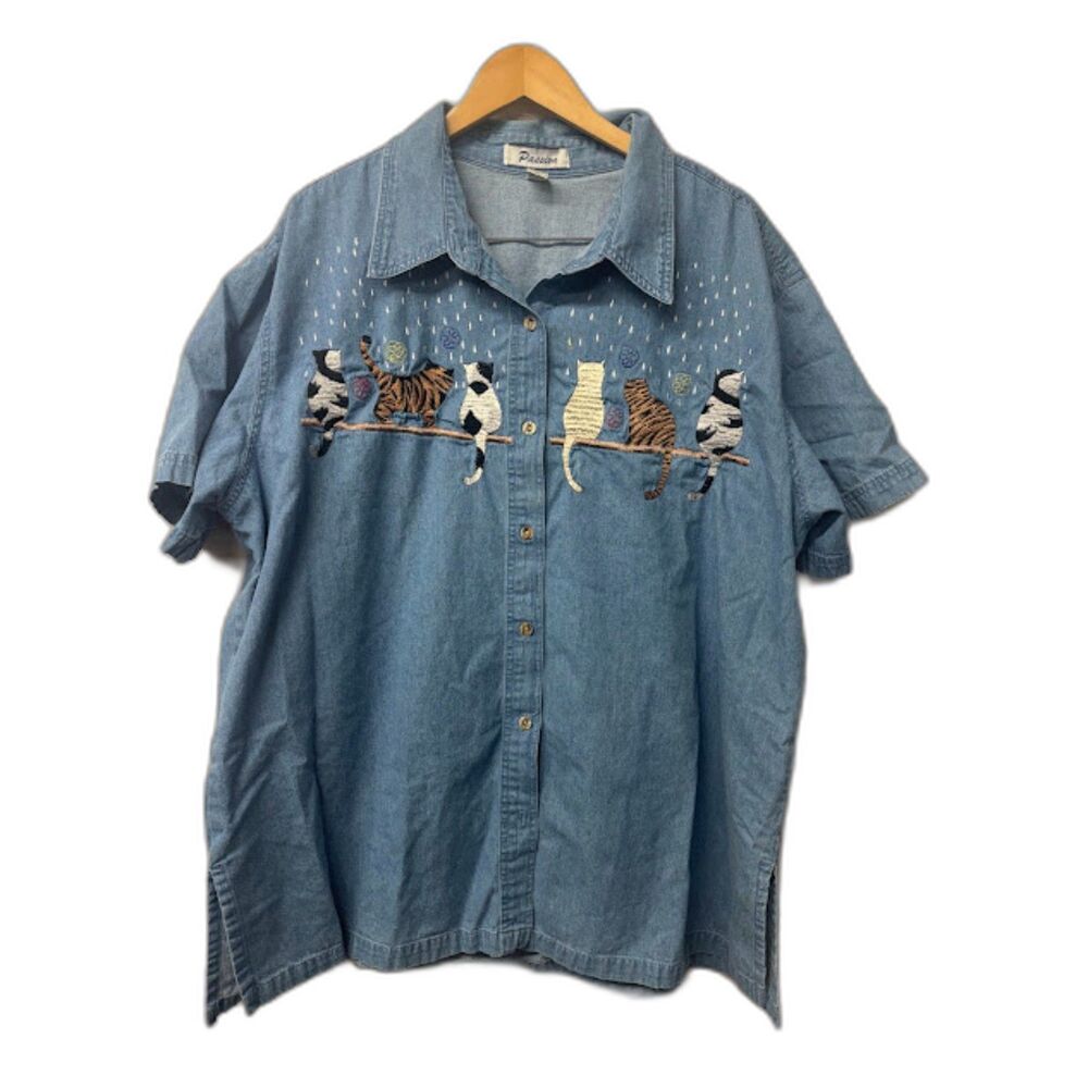 Passion VTG Camp Shirt Denim Cat Embroidery Cats Kittens Top Button Up Size 3X